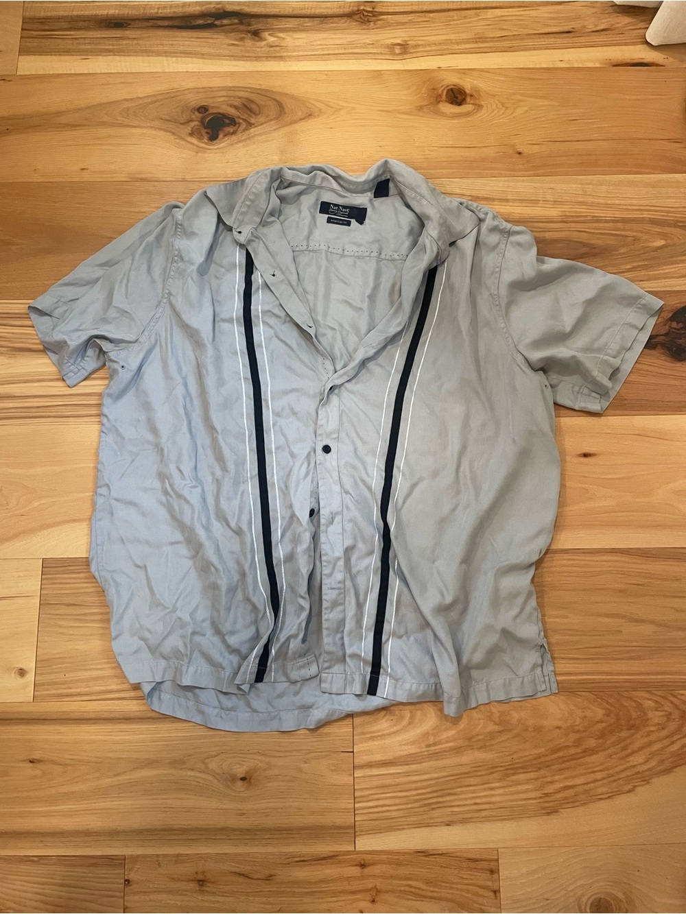 Nat Nast Light Gray Button-Up Shirt with Navy Labels